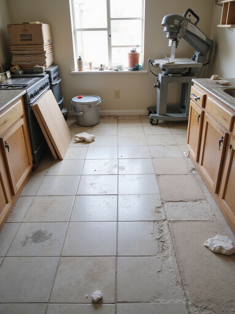 A kitchen floor project with tiling materials and tools suggesting both professional and DIY approaches, illustrating the choice between the two installation methods.