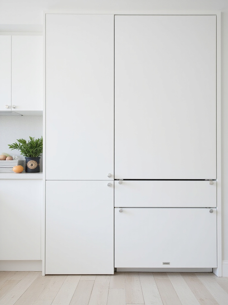 Integrated appliances in a white kitchen, with a refrigerator and dishwasher hidden behind seamless white cabinet panels for a minimalist aesthetic.