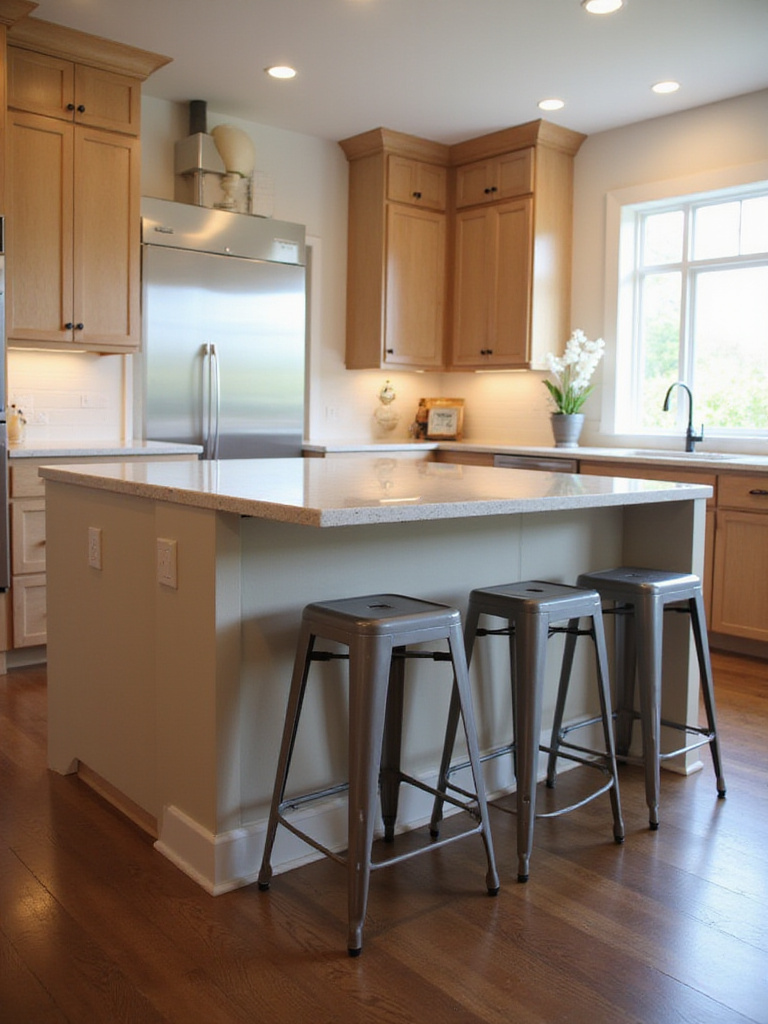 Modern kitchen island with generous seating overhang and three tucked-in bar stools, demonstrating comfortable design.
