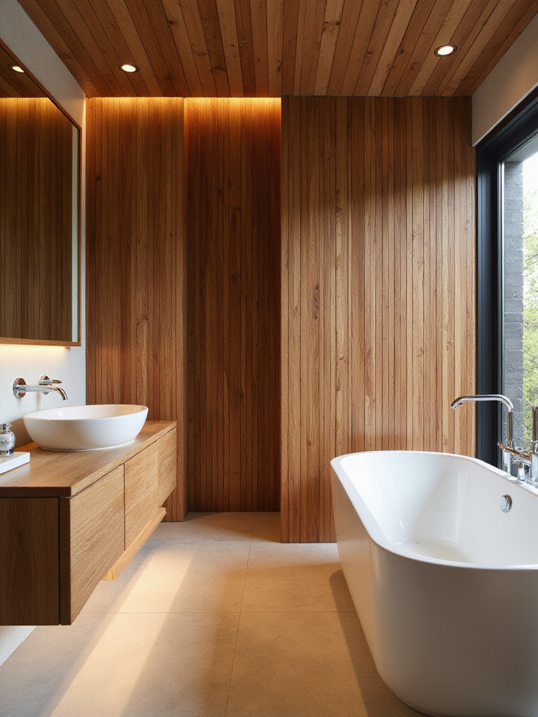 Modern bathroom featuring natural wood elements with a floating teak vanity and cedar accent wall.