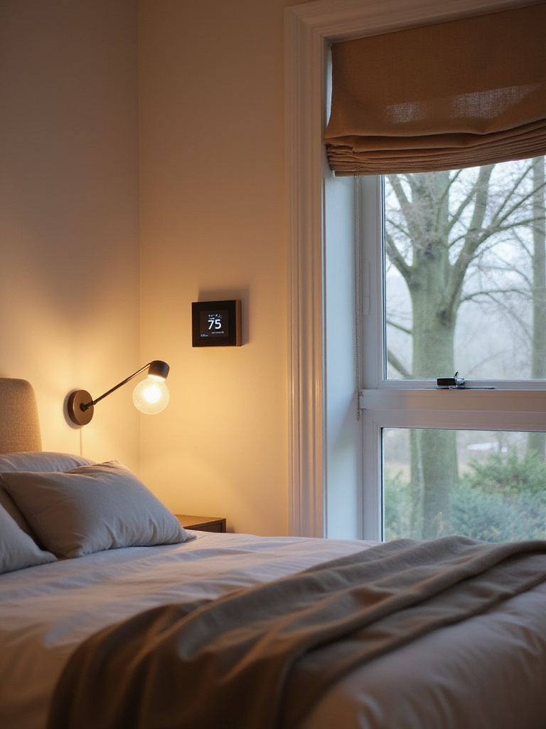 Modern bedroom with integrated smart home technology, showcasing minimalist design and cozy ambiance.