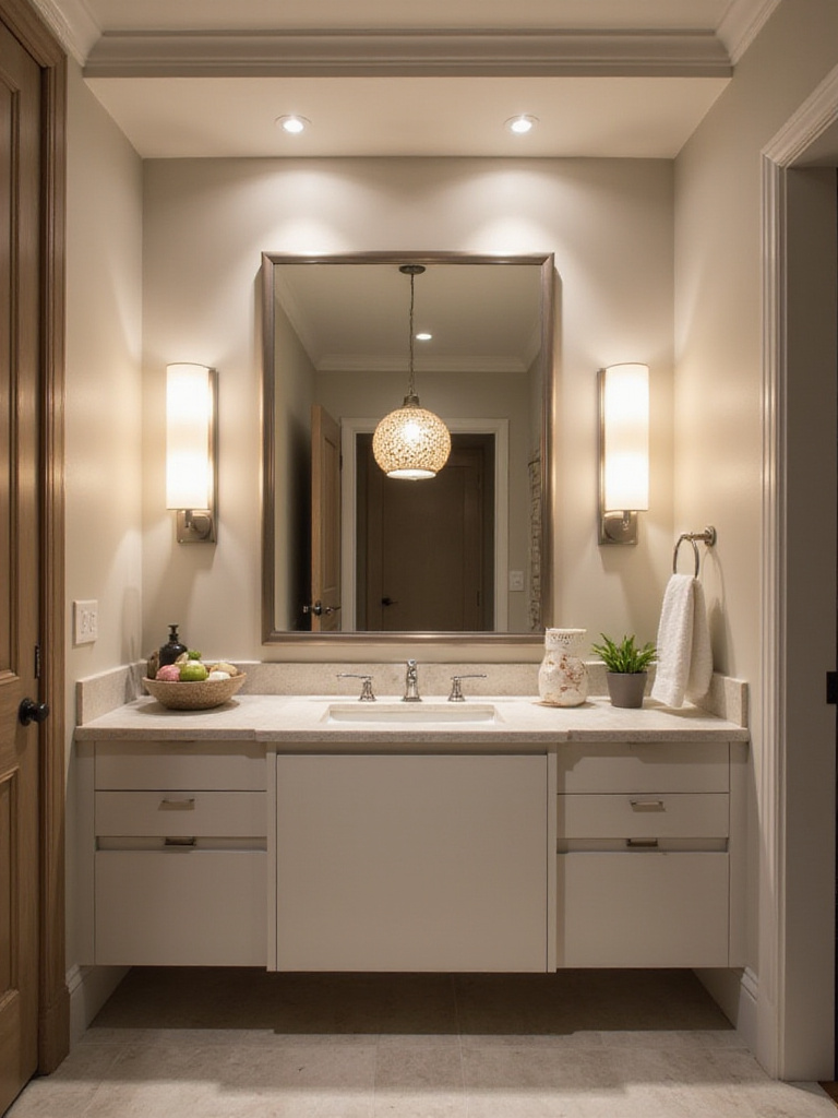 Modern bathroom with layered lighting including sconces, recessed lights, and a pendant.
