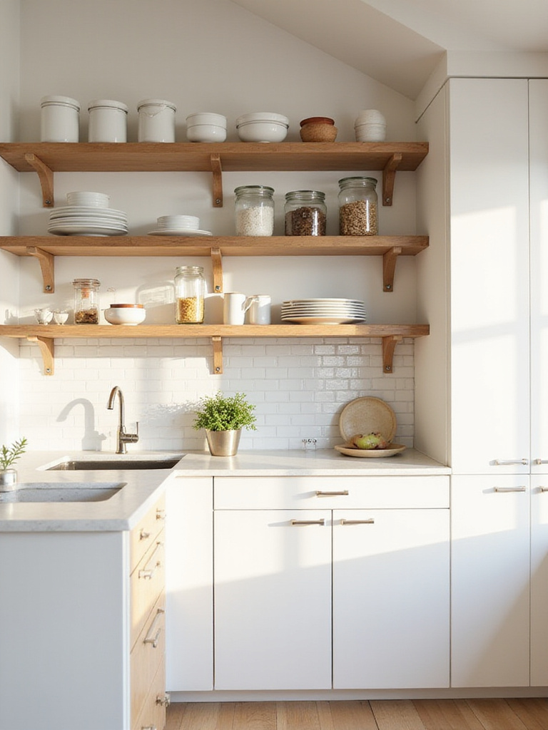 Modern kitchen interior with light wood open shelves displaying white dishes and decor above a white countertop and subway tile backsplash.