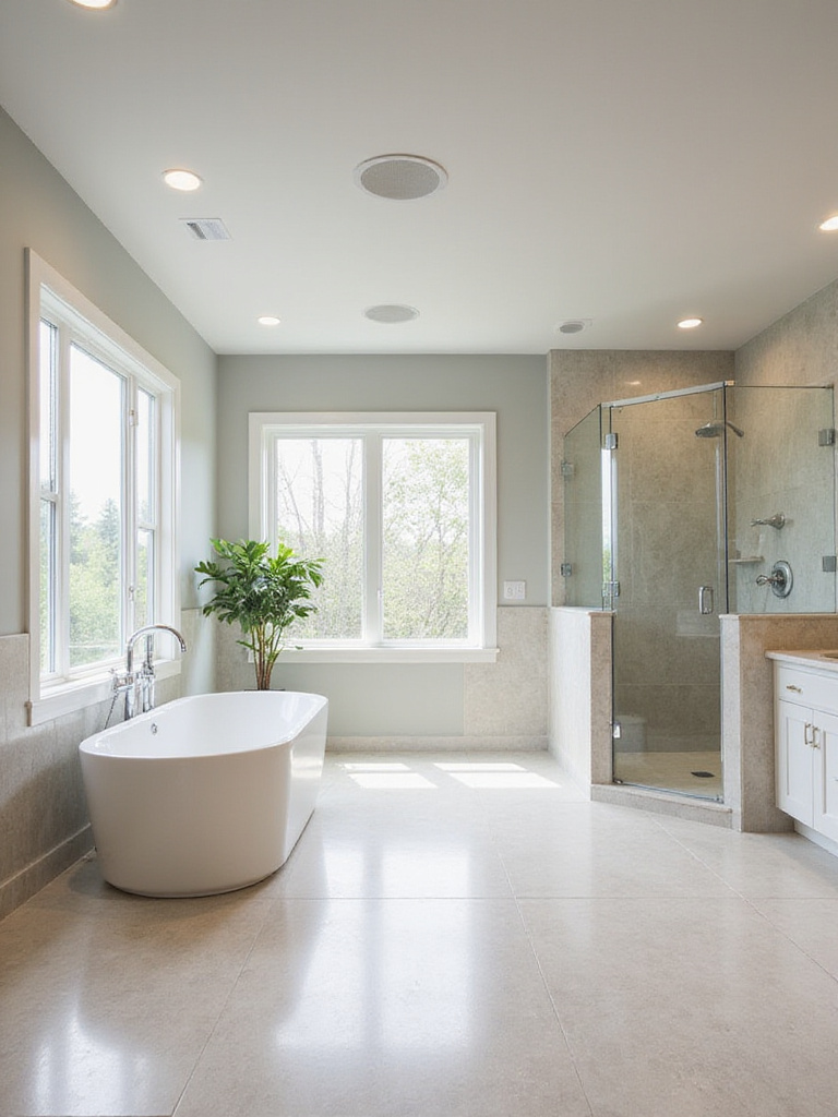 Luxury bathroom with a freestanding tub and walk-in shower, featuring subtle, integrated ceiling speakers for a seamless audio system.