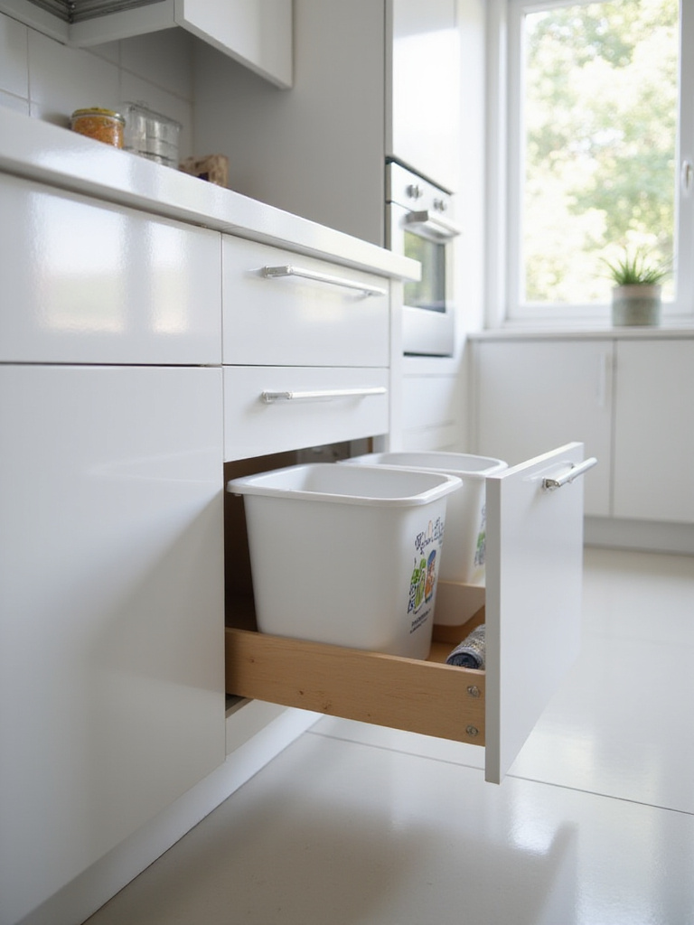 Seamlessly integrated pull-out trash and recycling bins in a modern kitchen.