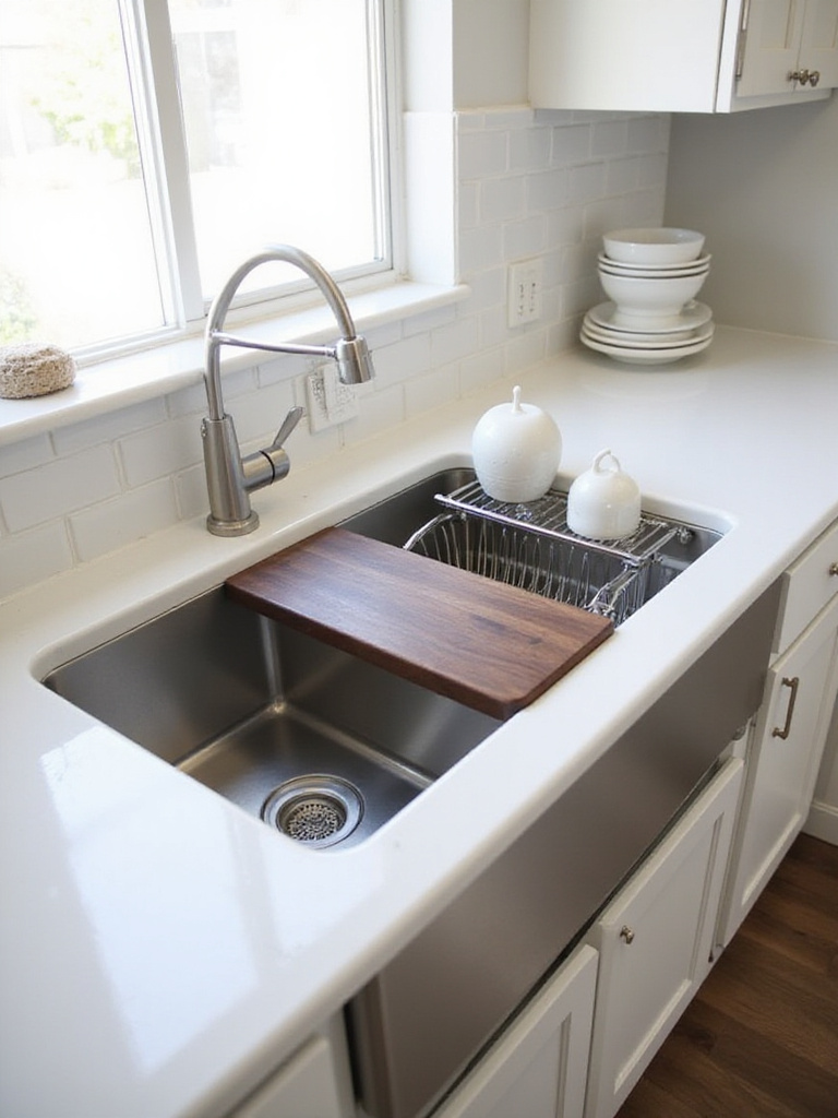 Modern kitchen sink with integrated walnut cutting board and stainless steel roll-up drying rack.