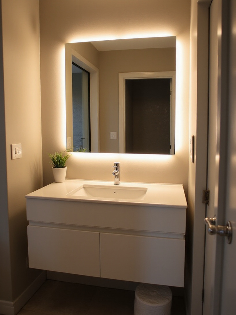 Bathroom mirror with integrated LED lighting illuminating a modern vanity.