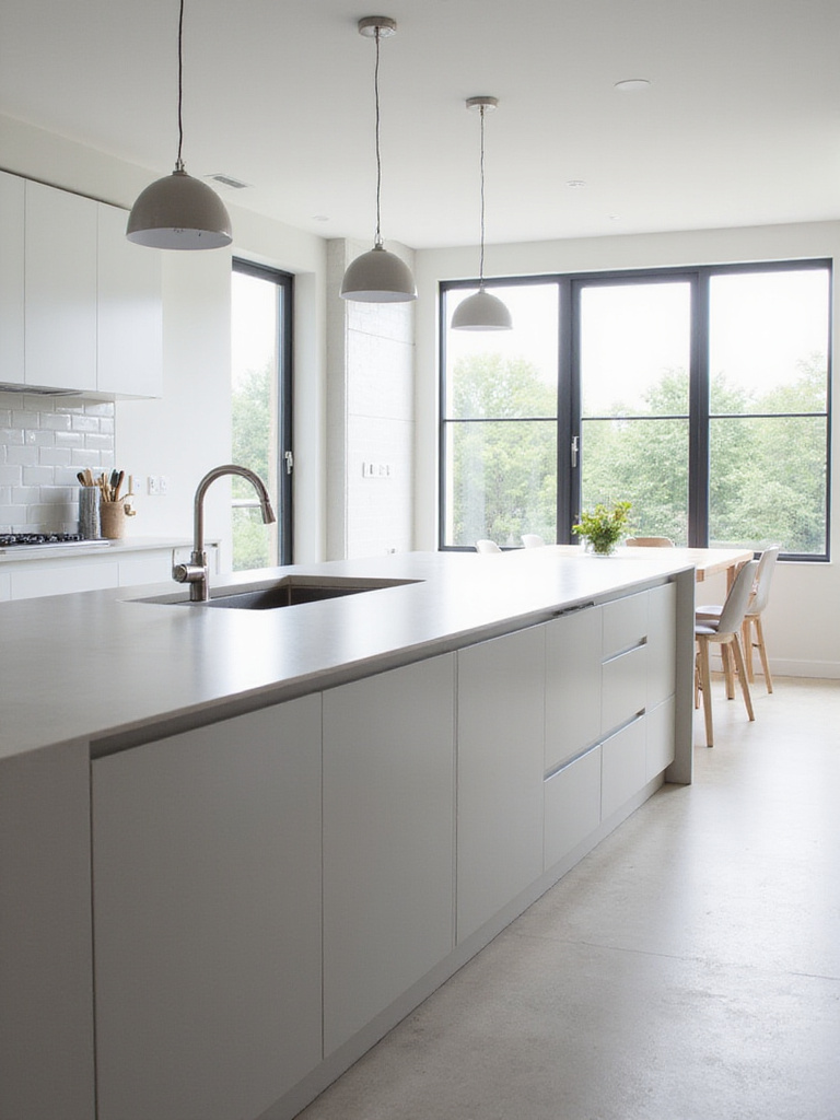 A modern kitchen island featuring a seamless integrated sink made from the same grey solid surface material as the countertop, showcasing a clean and minimalist design.