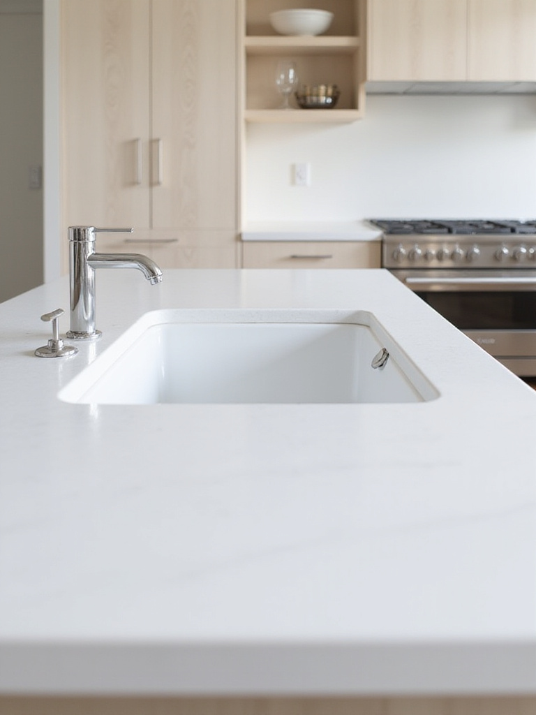 Modern kitchen with a seamless integrated quartz countertop and sink.