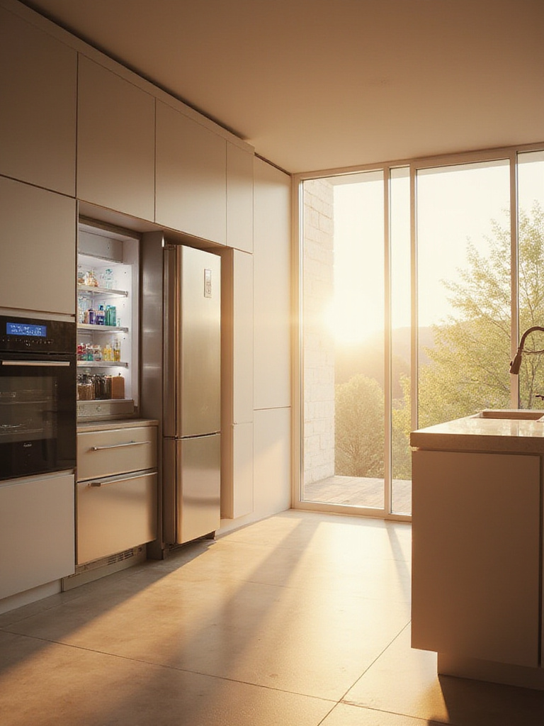 Modern kitchen with integrated smart appliances including smart refrigerator, oven, and faucet.