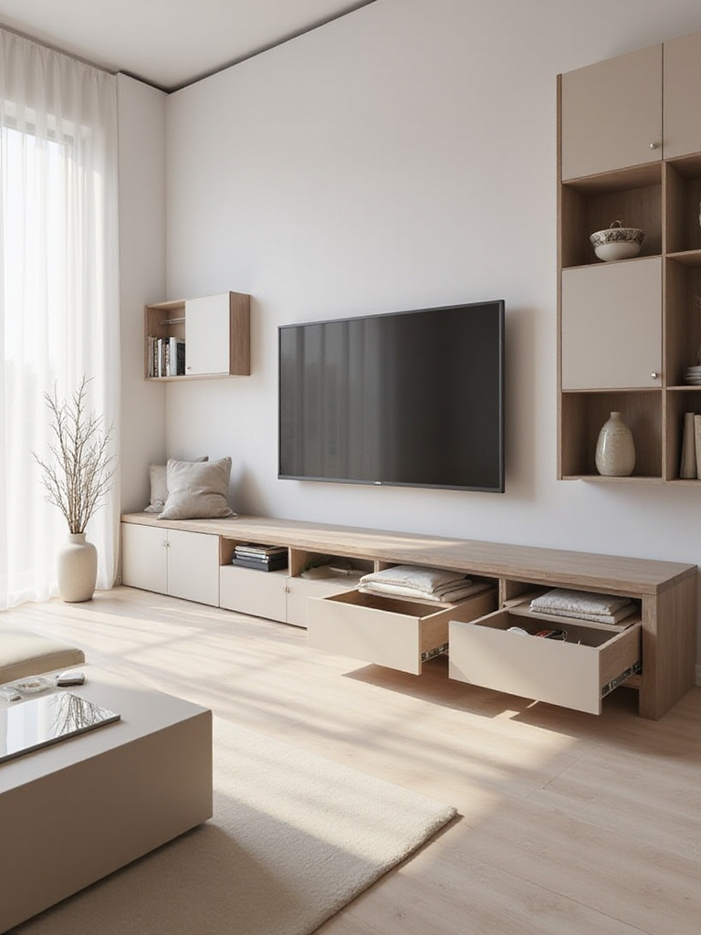 Minimalist living room featuring sleek furniture with integrated storage, including a TV console and coffee table, promoting a clutter-free space.