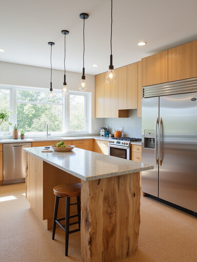 A bright modern kitchen featuring sustainable design elements like bamboo cabinetry, a reclaimed wood island base, and a recycled glass countertop, illuminated by natural light.