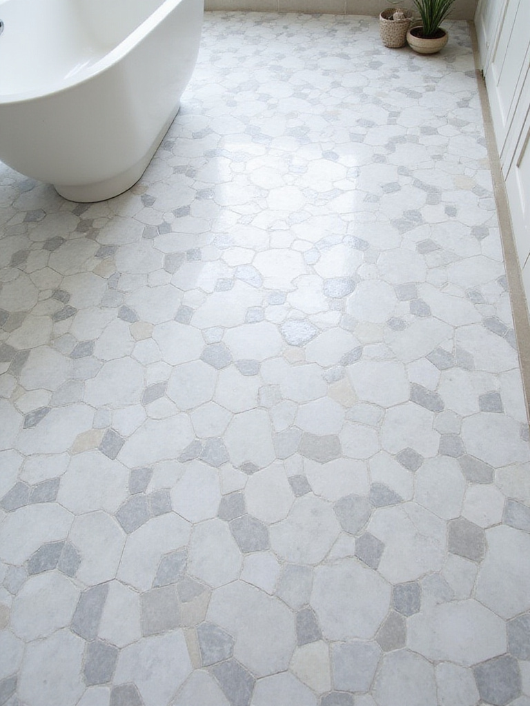 Bathroom floor featuring a stylish geometric tile pattern in shades of gray and white.
