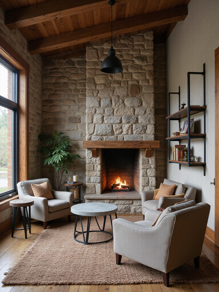 A rustic living room with a stone fireplace, featuring subtle industrial accents like a black metal pendant light, a concrete and metal side table, and a metal-framed bookshelf, blending cozy warmth with urban simplicity.