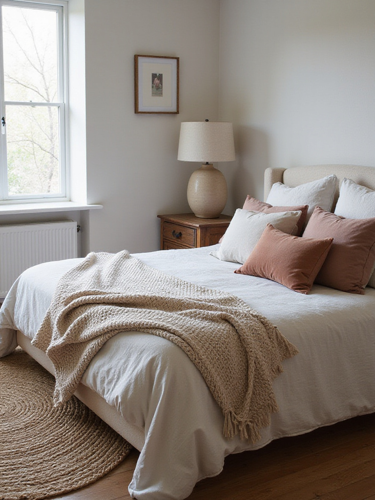 A bedroom scene demonstrating layered textures, including a chunky knit throw on a bed with linen sheets and velvet pillows, a jute rug, a wooden nightstand, and textured walls.