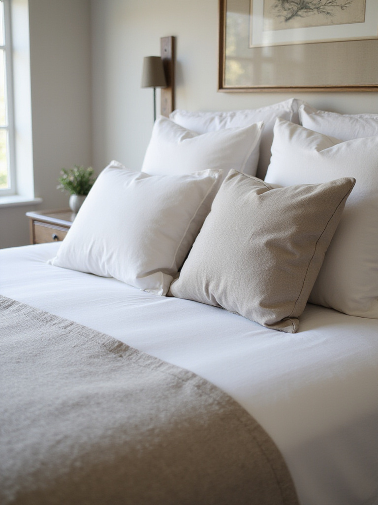 Luxurious bed dressed with high-quality white cotton sheets, a textured linen duvet cover, and multiple plush decorative pillows in a calm, inviting bedroom setting.