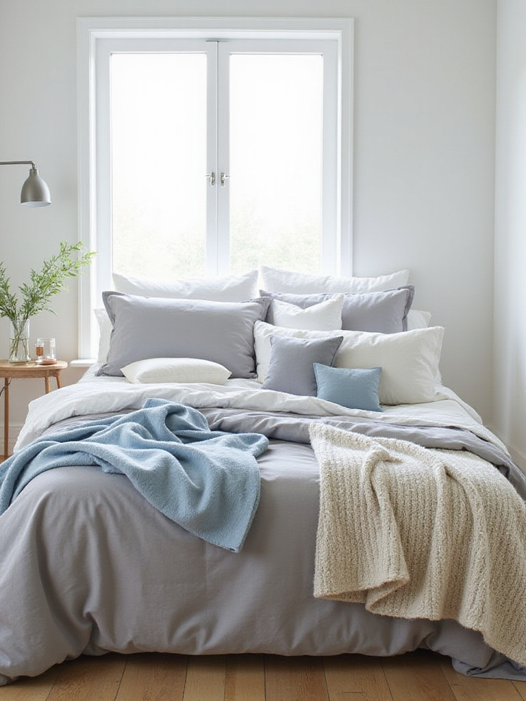 A luxurious layered bed featuring white sheets, a grey duvet, a cream coverlet, multiple pillows, and a blue throw blanket, creating an inviting and comfortable bedroom atmosphere.