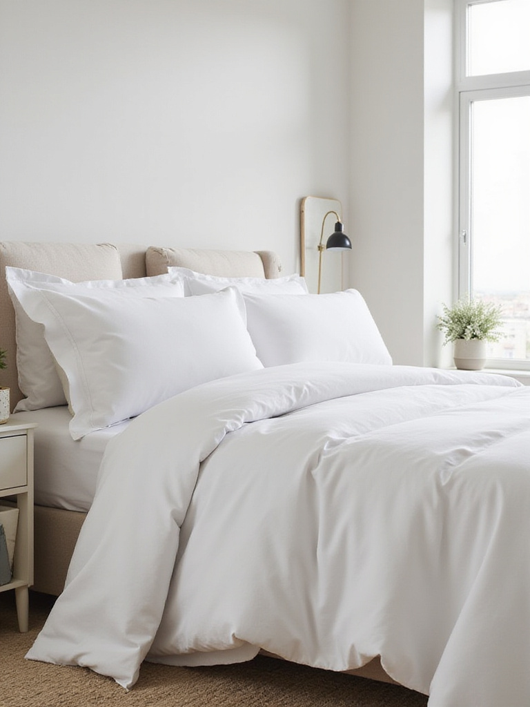 Modern bedroom with high-quality, simple bedding in neutral tones