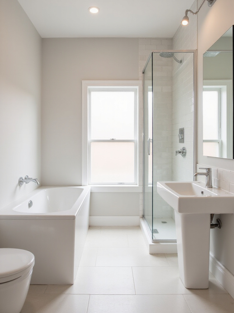 Interior of a small bathroom painted in a light pale greige color, featuring a white pedestal sink and large mirror, designed to feel bright and airy.