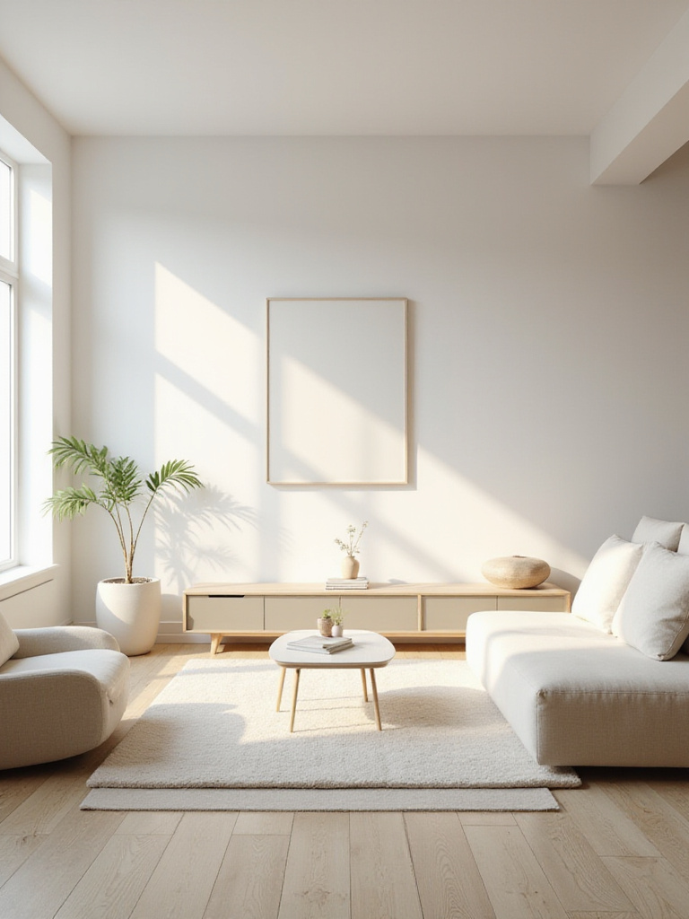 Minimalist living room showcasing clear surfaces on a coffee table, side table, and shelves, creating a sense of calm and spaciousness in line with the 'less is more' principle.