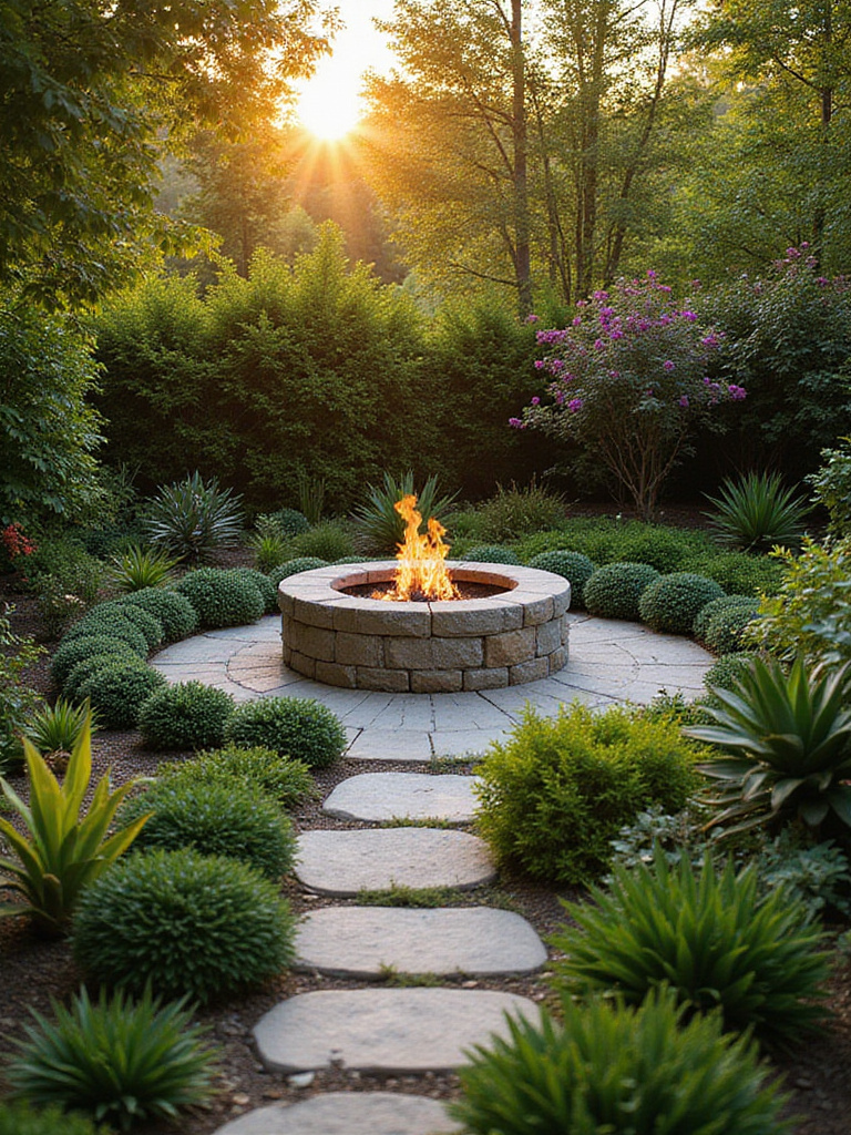 Landscape around a fire pit featuring fire-resistant plants
