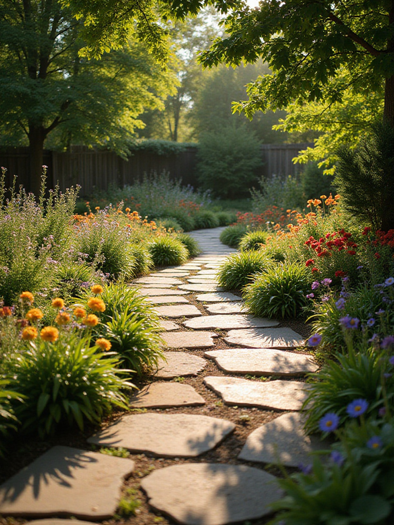 Scenic stone pathway winding through a lush backyard garden.