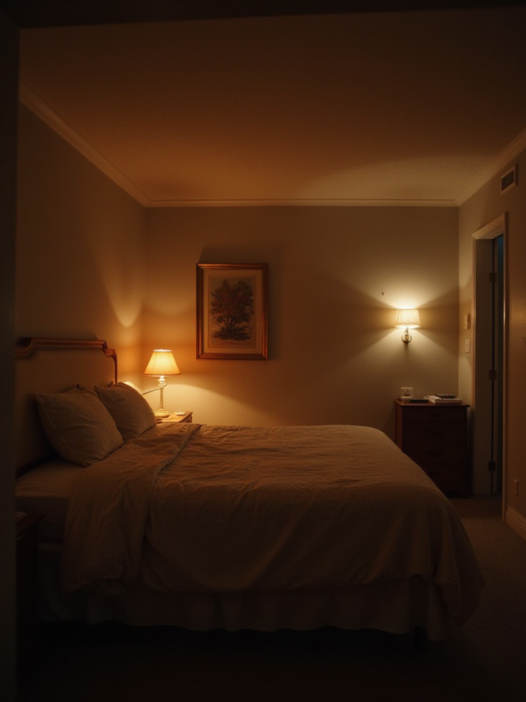 A cozy bedroom illuminated by layered lighting, featuring a warm overhead light, bedside lamps, and accent lights creating a relaxing atmosphere.