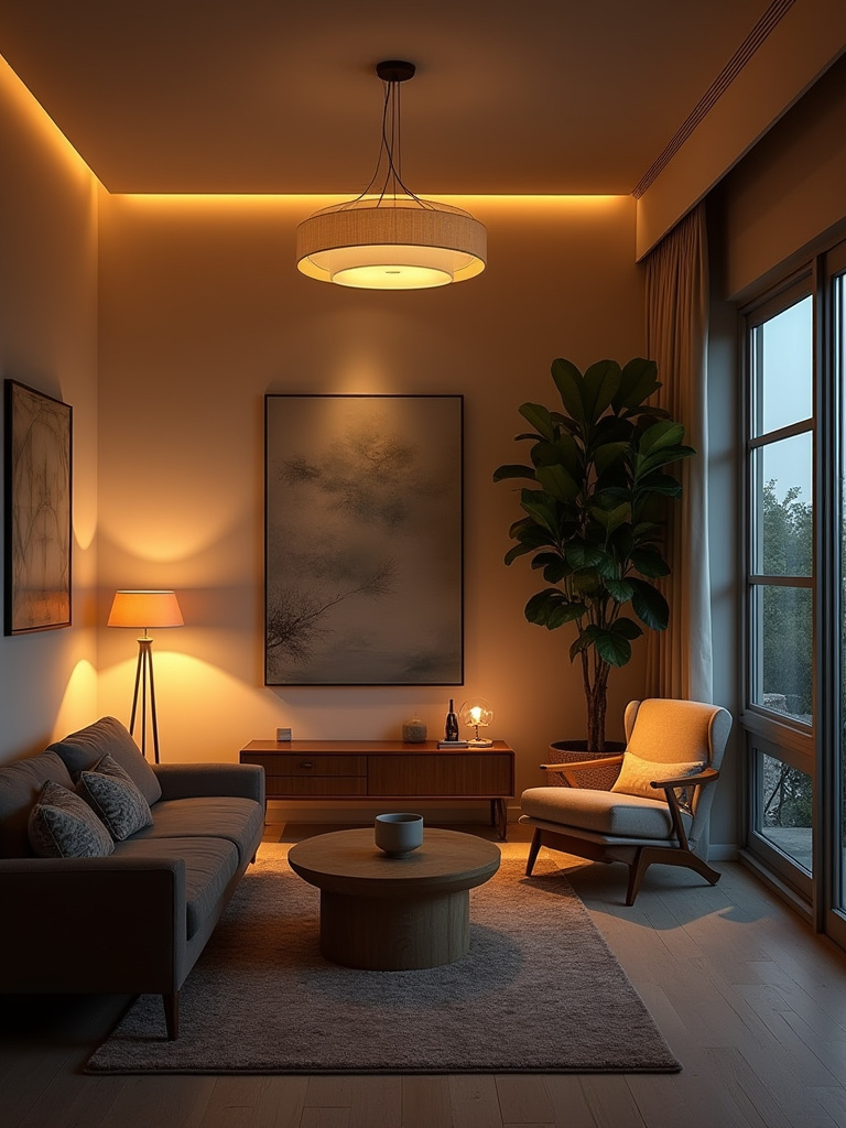 A cozy living room illuminated by layered lighting, featuring ambient overhead light, task lighting from floor and table lamps, and accent lights highlighting art and plants.