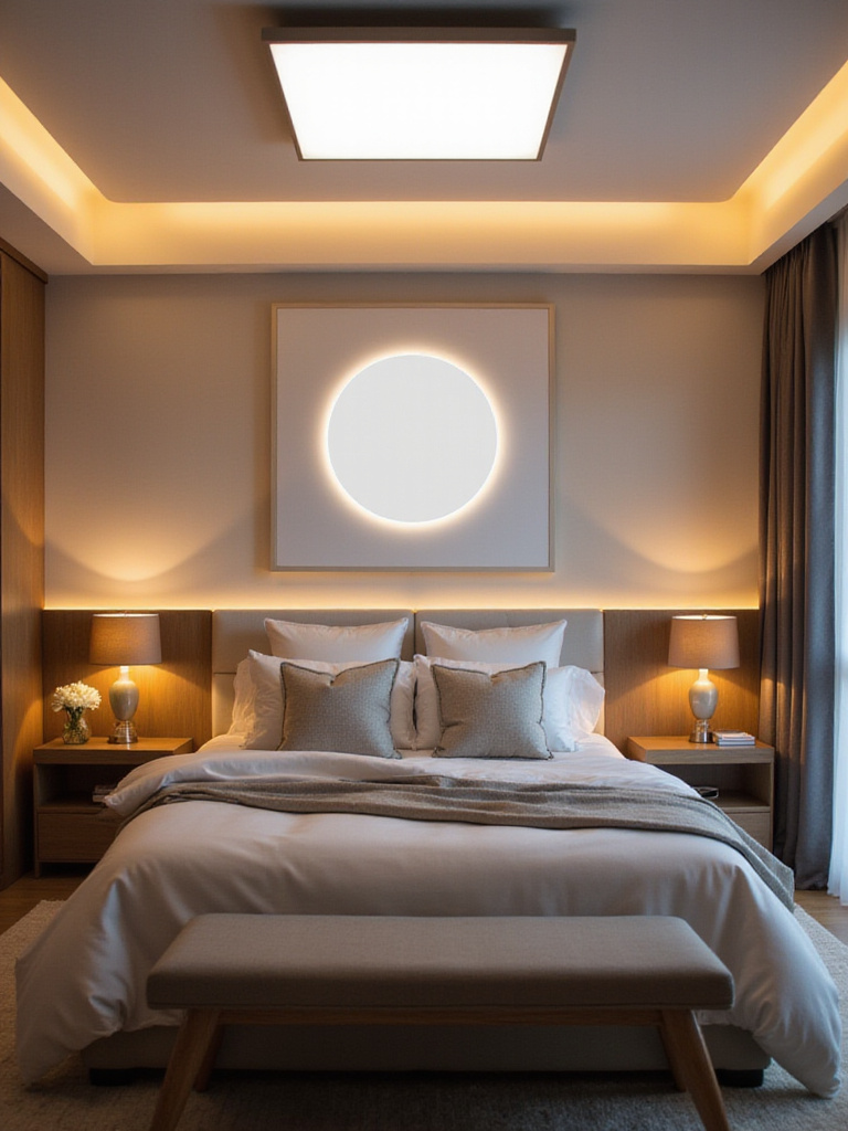Modern bedroom with layered lighting showcasing ambient, task, and accent lights.