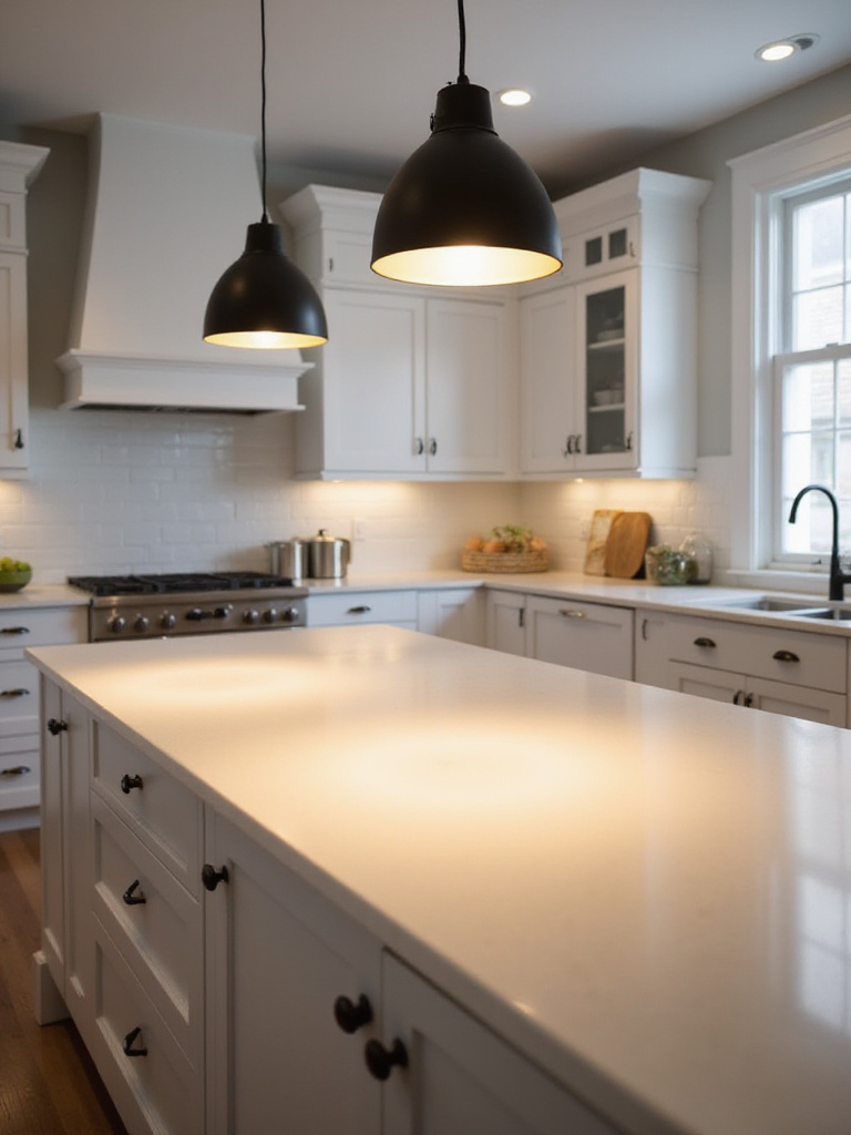 Modern kitchen island with two pendant lights providing focused task lighting and contributing to warm ambient light.