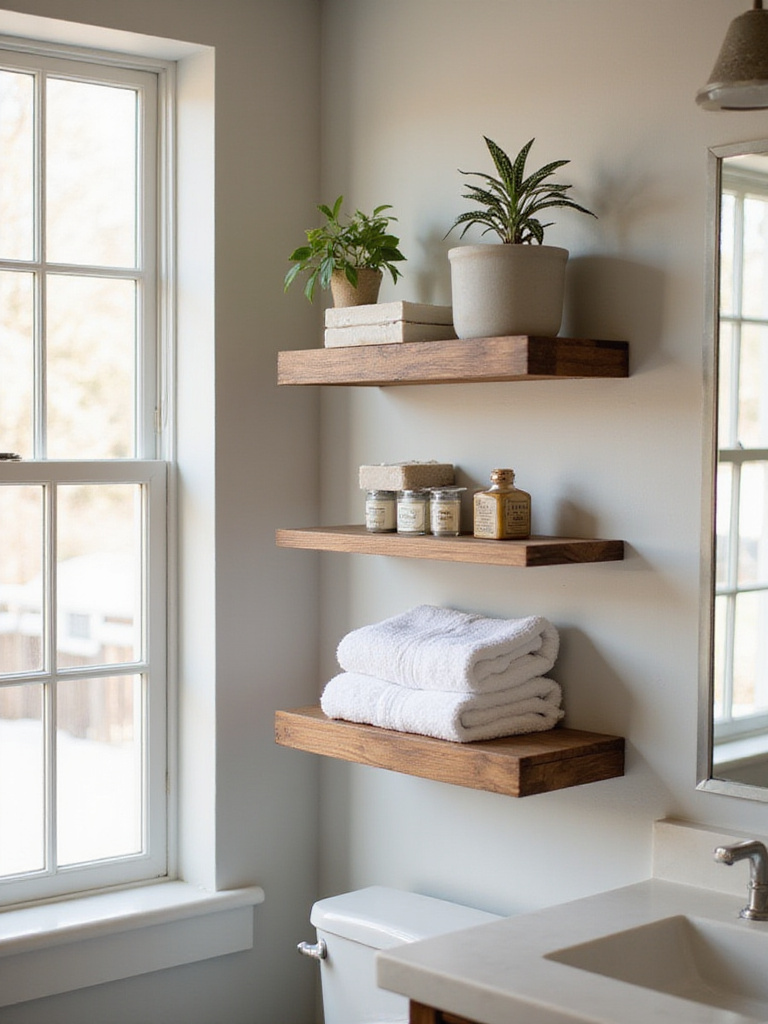 Modern bathroom with open shelving displaying towels and decor