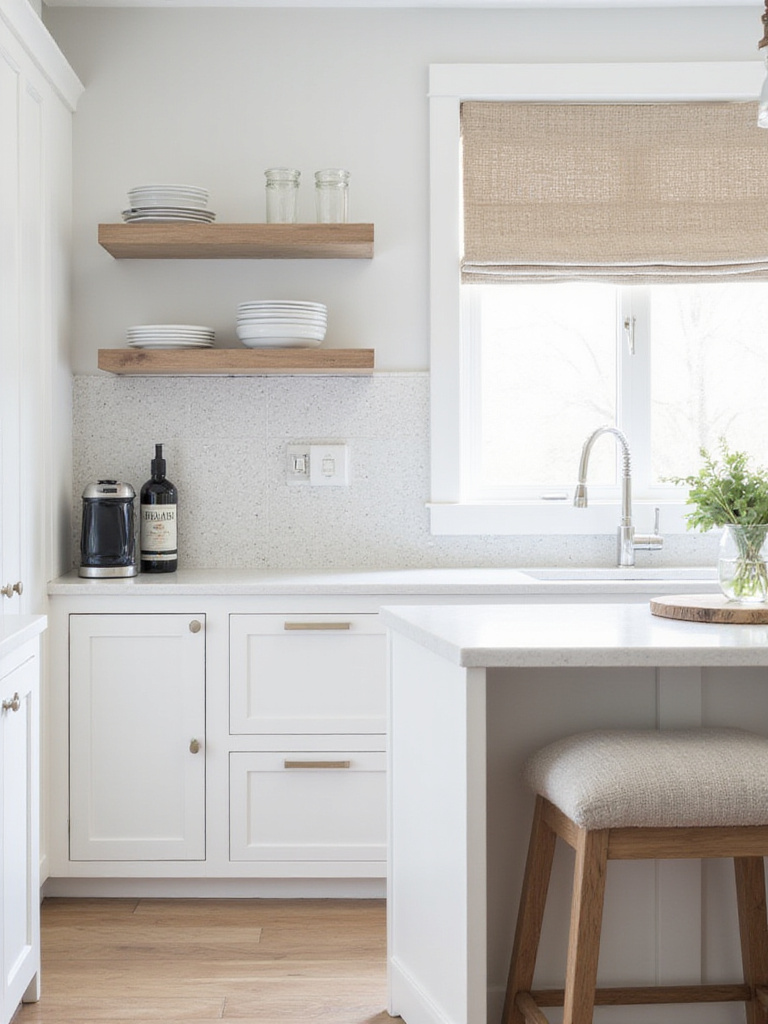 A white kitchen with layered textures, including smooth cabinets, textured tiles, wood elements, and fabric, to prevent a sterile feel and add warmth.