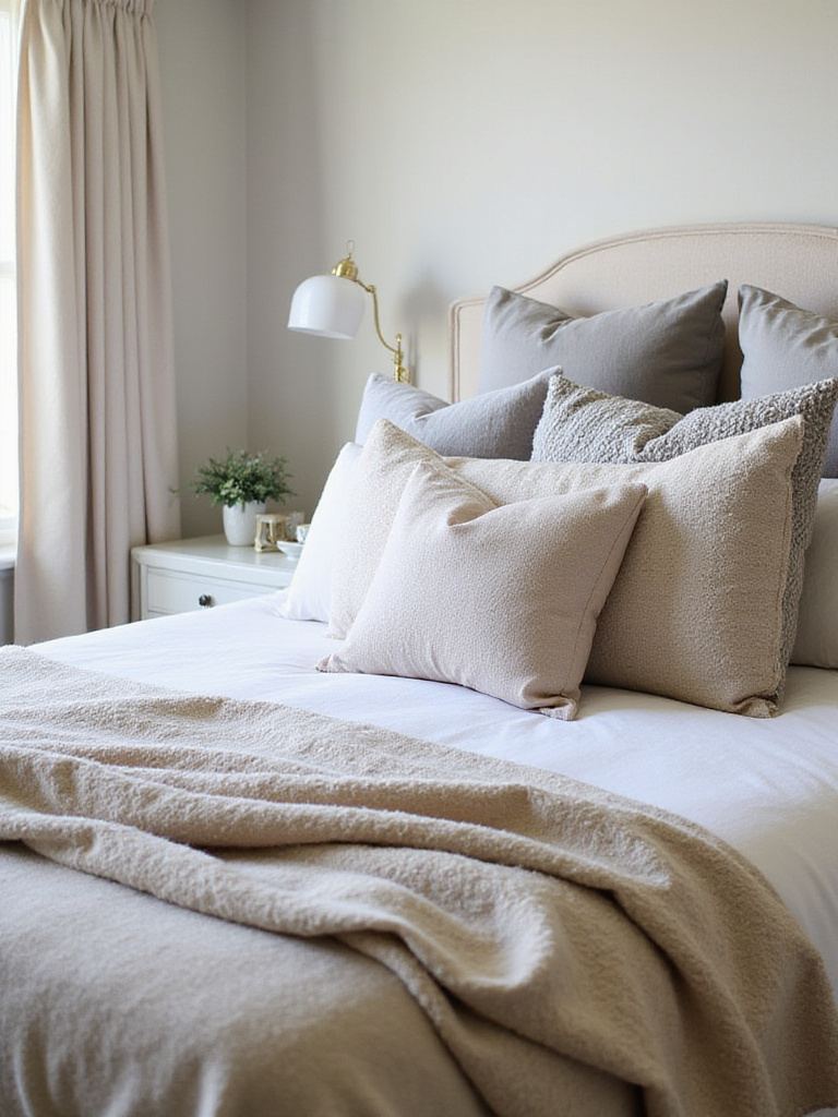 A cozy bedroom bed styled with multiple layers of decorative pillows and throw blankets in various textures and colors, creating an inviting and luxurious look.