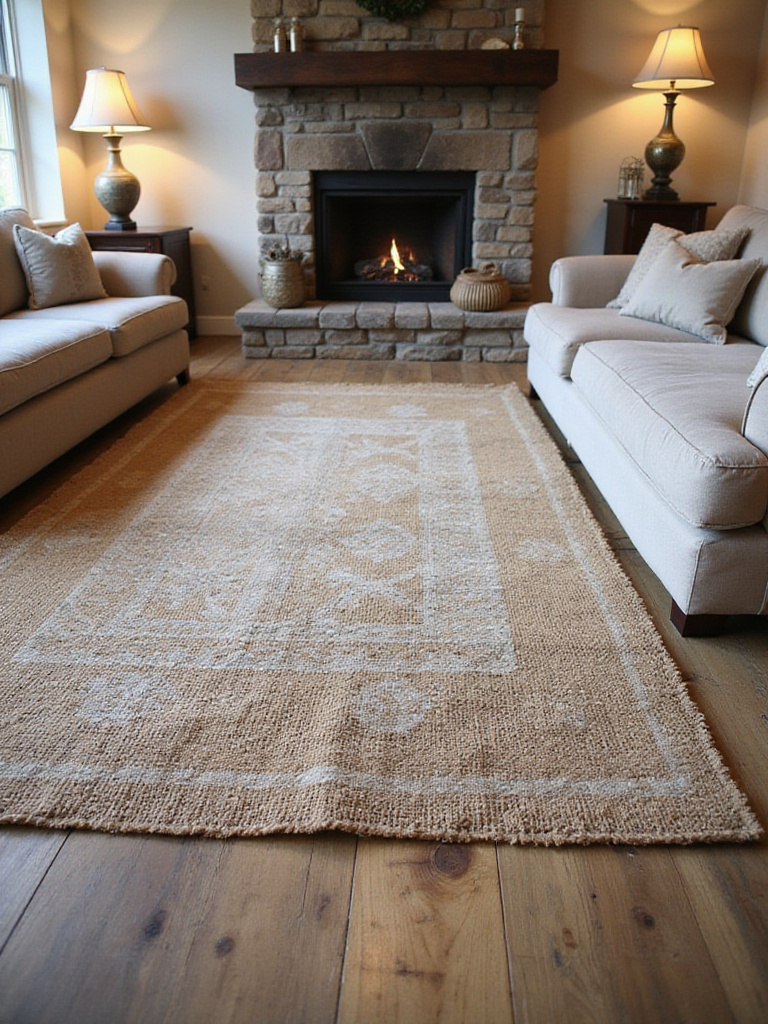 Layered rustic rugs in a cozy living room featuring a large jute rug topped with a smaller, faded vintage wool rug on wood floors, near a stone fireplace.
