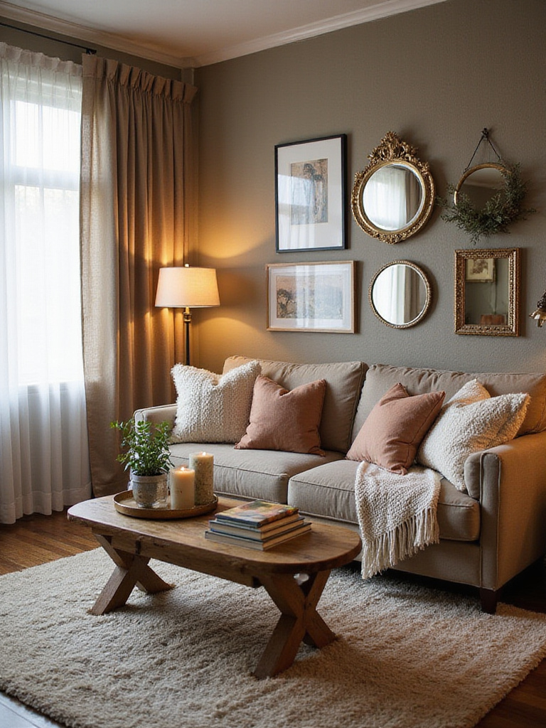 Cozy living room showcasing layered decor with multiple rugs, plush pillows and throws on a sofa, layered objects on a coffee table, and a gallery wall, creating depth and warmth.