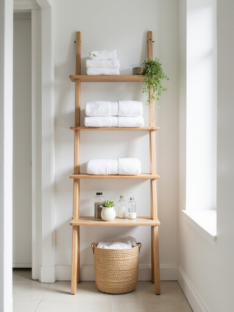 Wooden ladder shelf leaning against a wall in a small, minimalist bathroom, organized with towels, plants, and toiletries.