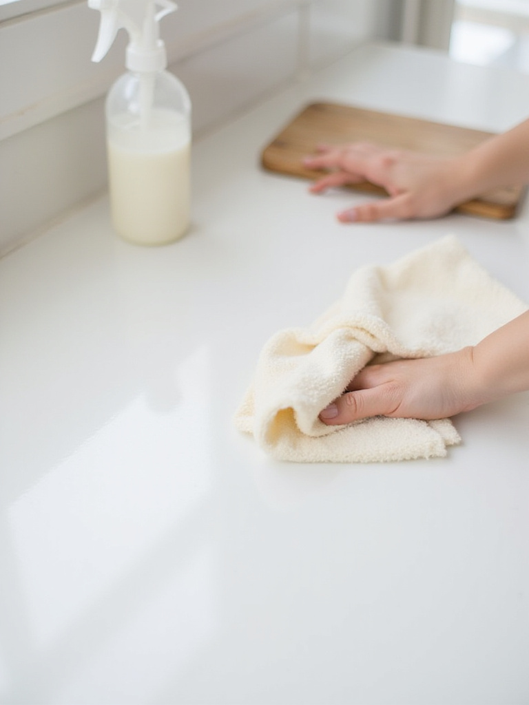 A person gently cleaning a pristine white kitchen countertop, illustrating essential tips for maintaining white surfaces. (Note: Even if "no people" is a general rule, for this specific prompt, a hand might be implied or acceptable to show the action).
