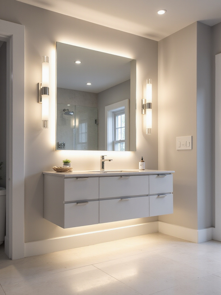 Interior of a small modern bathroom demonstrating layered lighting with ceiling recessed lights, vanity sconces, and under-cabinet LED accent lighting to make the space feel larger and more functional.
