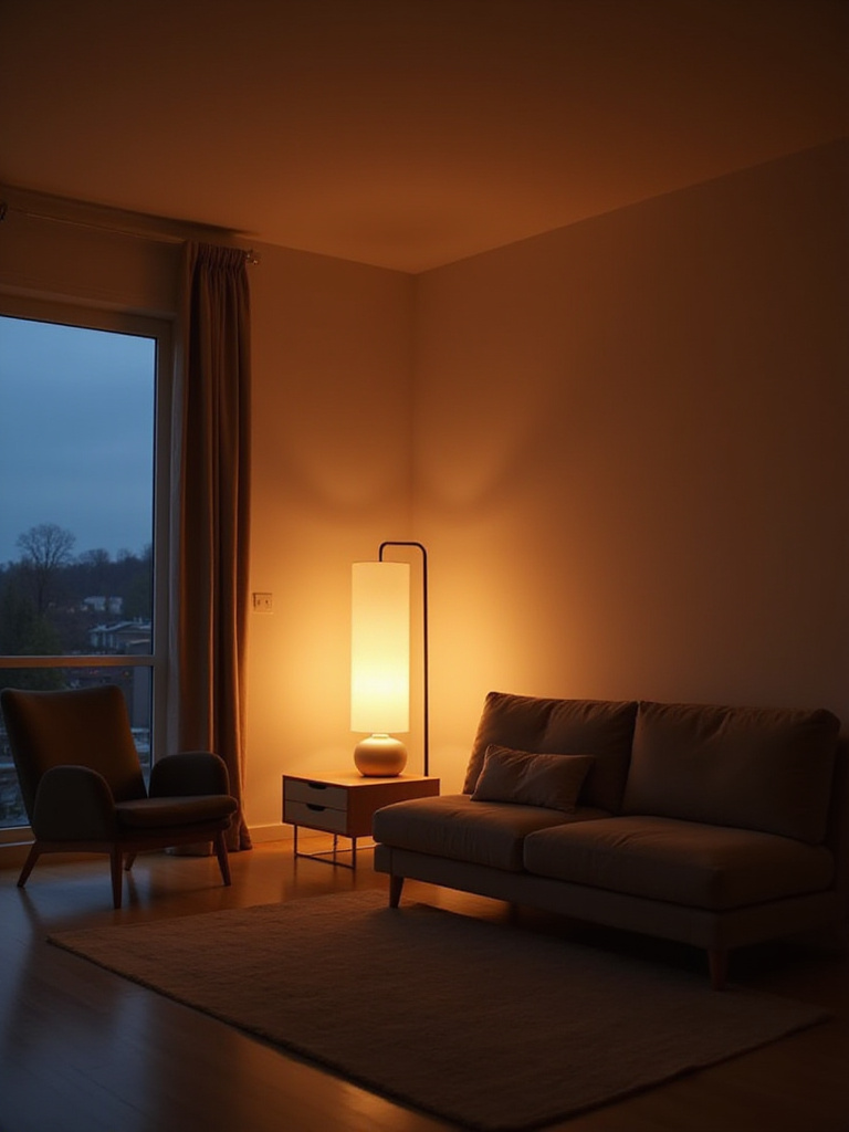 A minimalist living room bathed in the warm, atmospheric glow of floor and table lamps at dusk, showcasing simple furniture and clean lines.