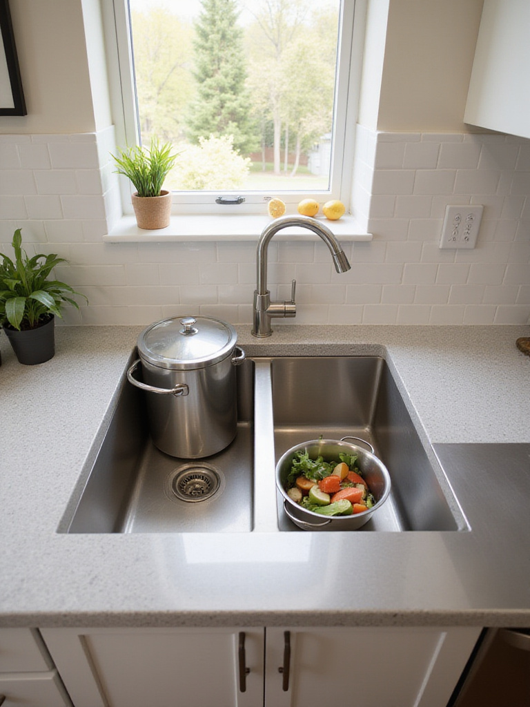 Modern stainless steel low-divide kitchen sink with a stockpot and colander.