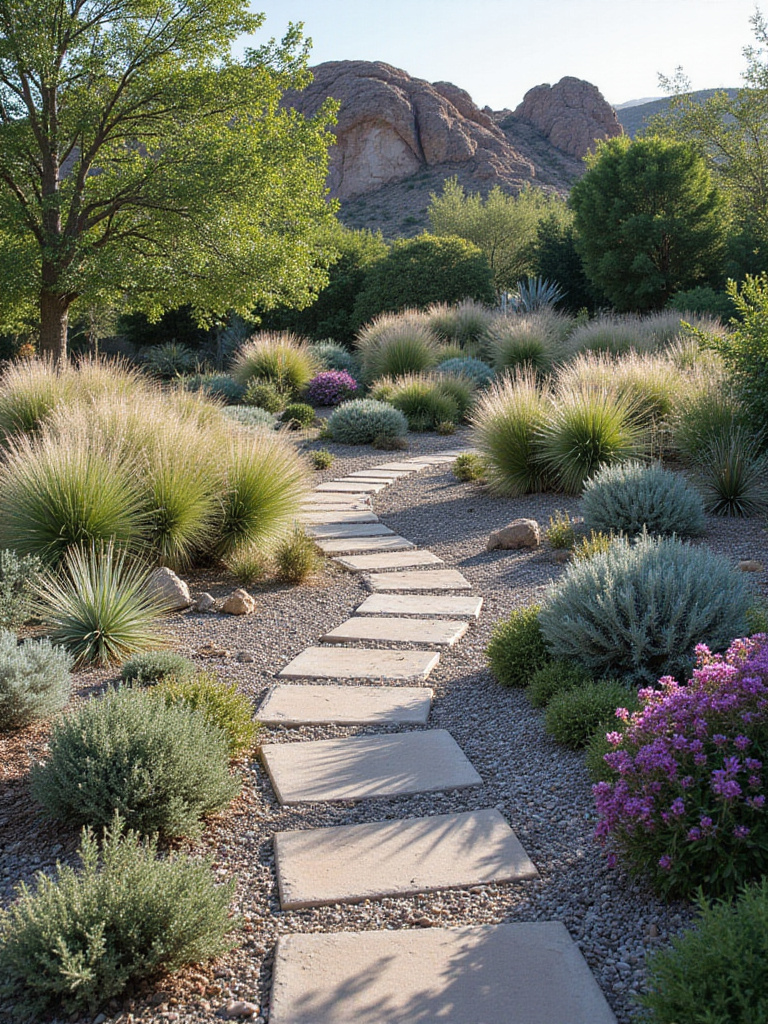 Low maintenance garden with native plants, gravel mulch, and stone pathway