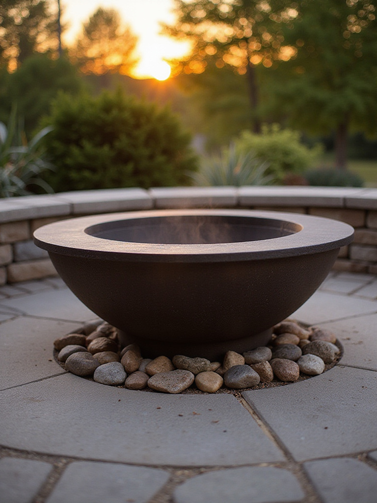 Well-maintained fire pit in a backyard setting during golden hour