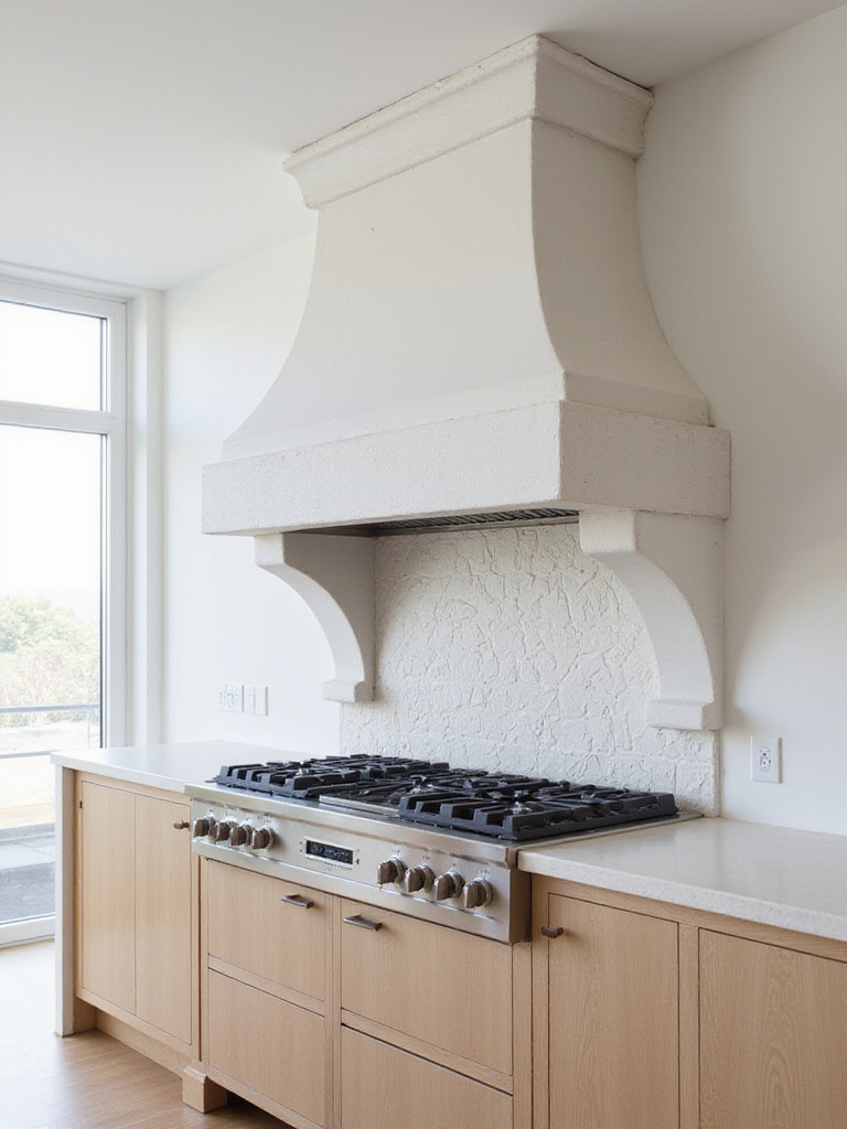 Modern kitchen with a large, sculptural white plaster range hood as the central focal point above a gas range. Features light wood cabinets, white upper cabinets, and a tiled backsplash.