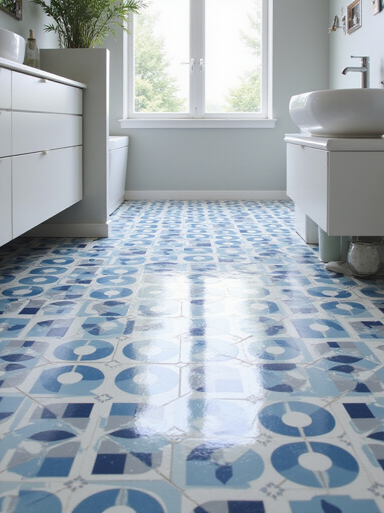 Bathroom floor with bold blue, white, and gray geometric patterned tiles