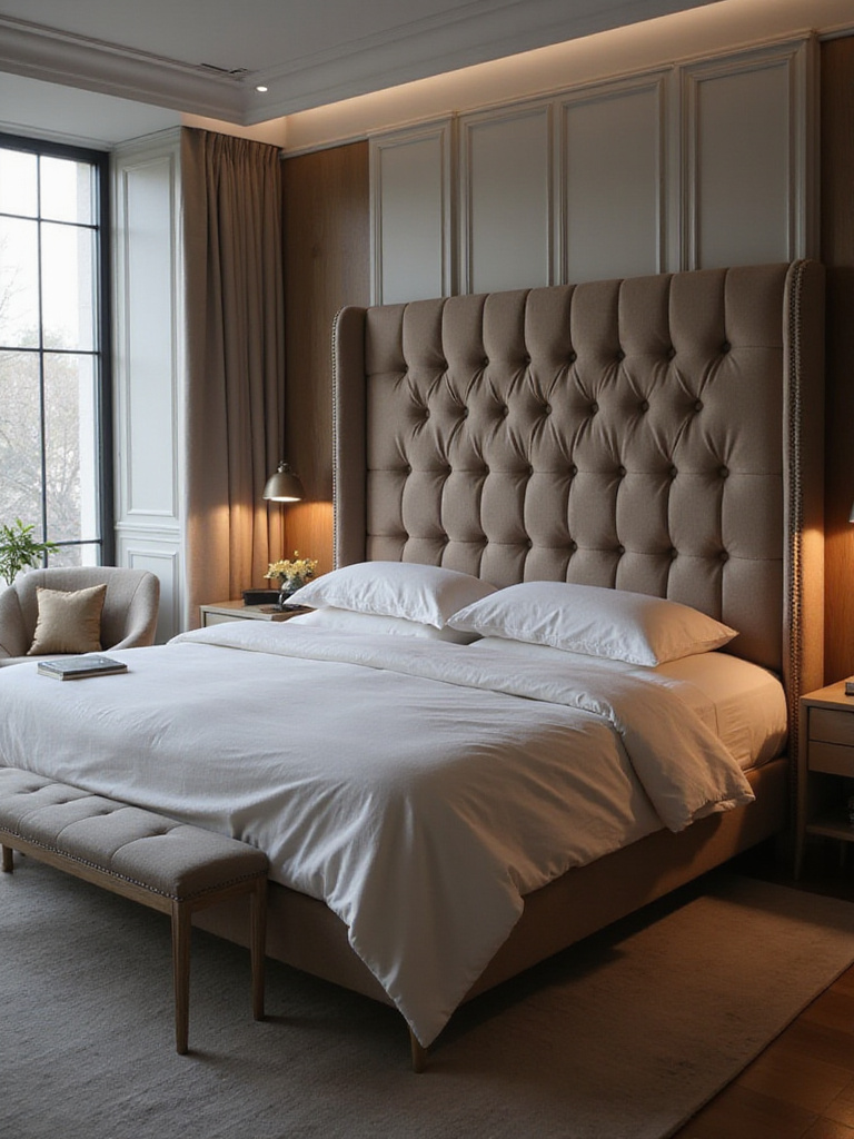 Bedroom featuring a large, unique statement headboard, upholstered in textured fabric and standing tall behind the bed.