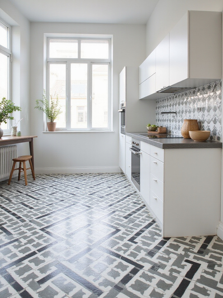 Modern kitchen floor covered in bold geometric patterned tiles in grey, white, and black, making a strong design statement in the room.