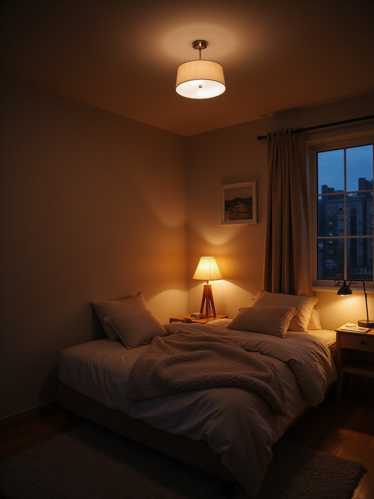 Cozy bedroom with layered lighting, featuring a dim overhead light, warm bedside lamp, and accent lighting creating a relaxing ambiance.