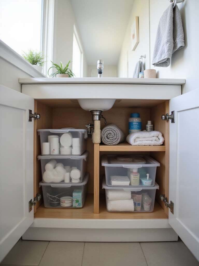 Organized under-sink storage in a small modern bathroom vanity, showing pull-out drawers, bins, and vertical organizers around plumbing pipes.