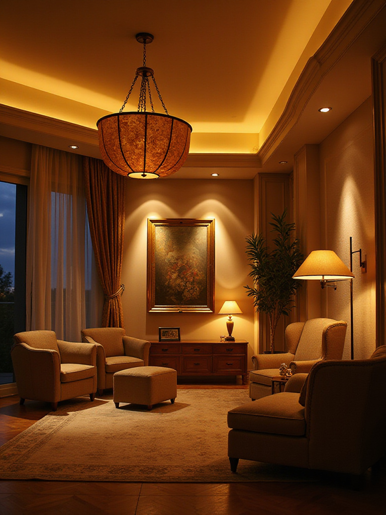 Cozy living room with layered ambient lighting, featuring warm light from recessed lighting, a pendant fixture, a floor lamp, and spotlights.