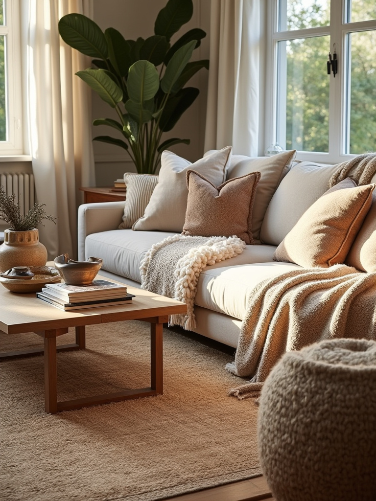 Stylish living room interior featuring extensive layering of textiles and textures, including various pillows and throws on a sofa, layered rugs, and textured decorative accessories to create depth and visual interest.